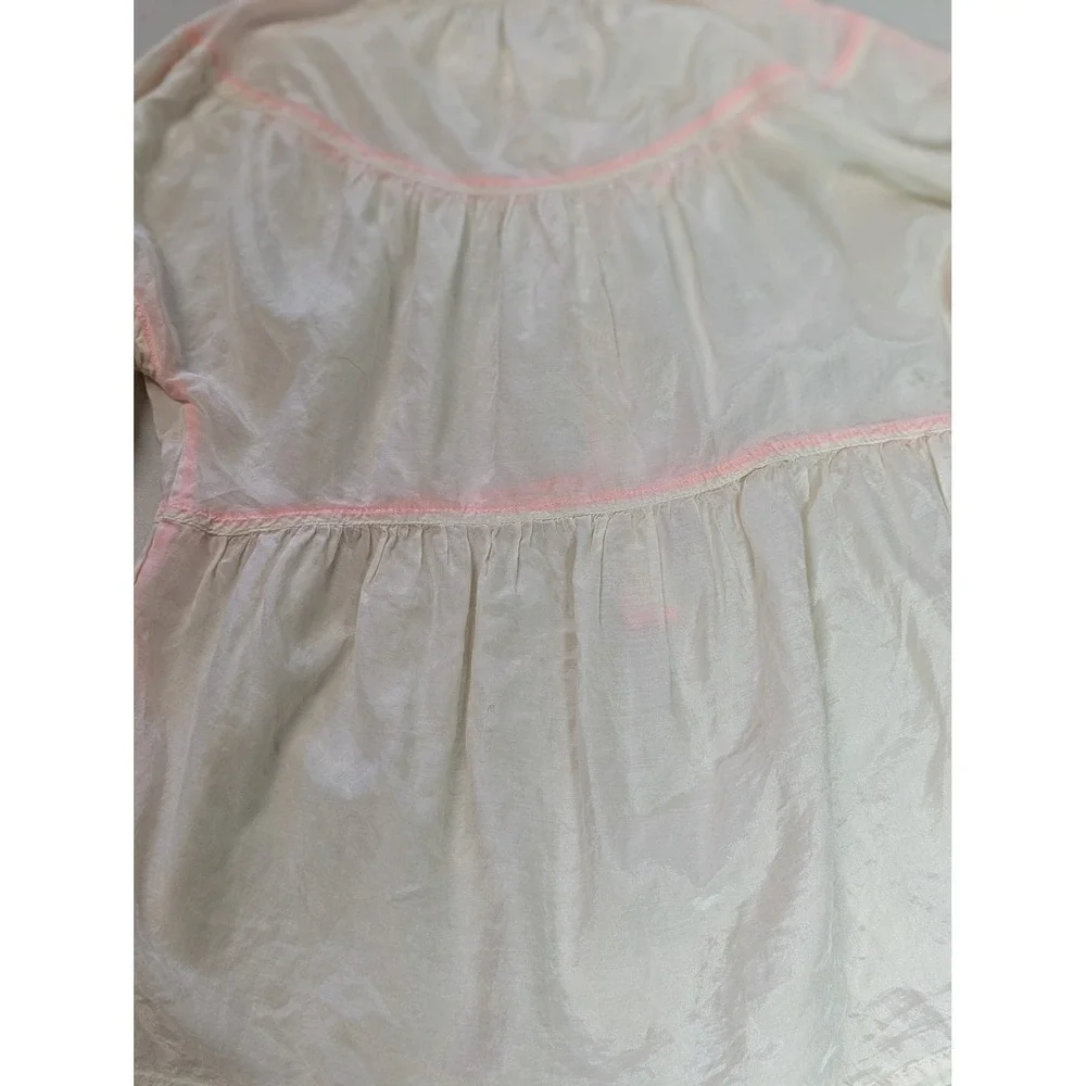 J. Crew Ivory Silk Cotton Babydoll Blouse Pink Trim Puff Sleeve Sz 0